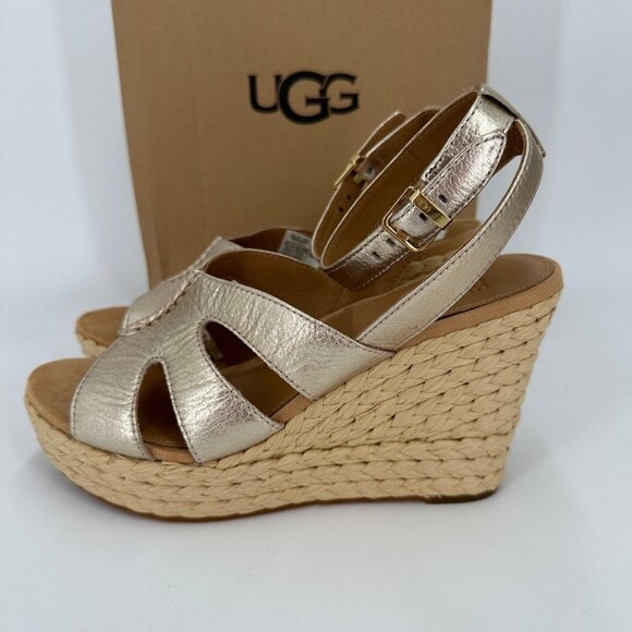 UGG Women's Careena Wedge Espadrille Sandals size 8.5 Gold Pigment Ankle Strap - Picture 7 of 13